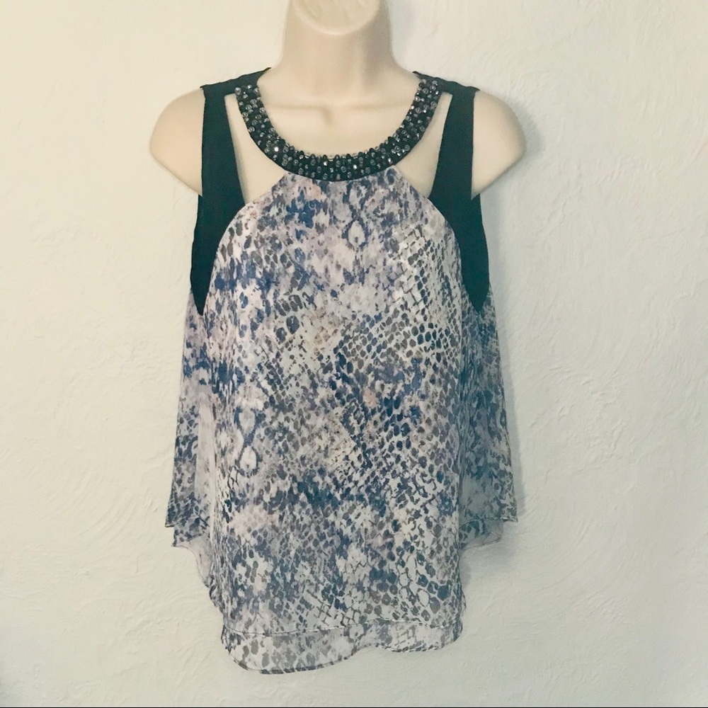 Jennifer Lopez Snakeskin Print Sleeveless Blouse with Beaded Collar Size XS
